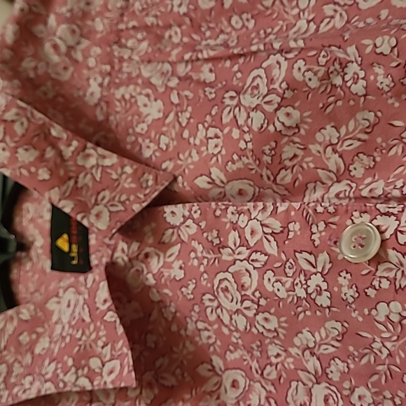 Bright pink floral short sleeved button-down blouse. - Picture 2 of 7